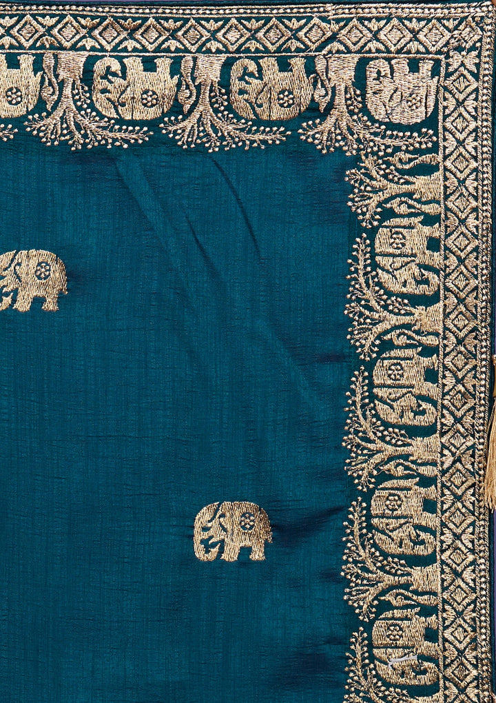 Peacock Blue Zariwork Raw Silk Saree-Koskii