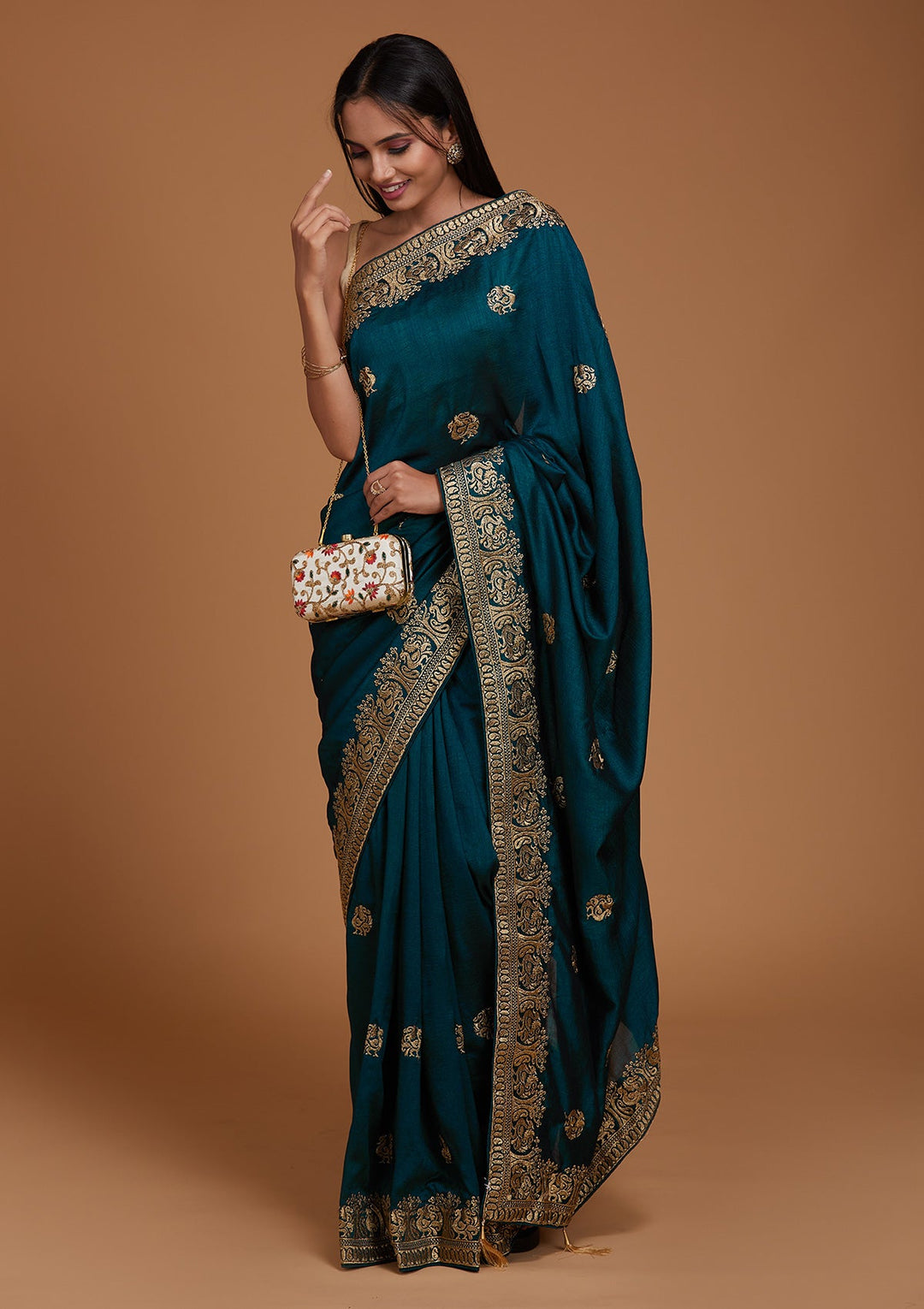 Peacock Blue Zariwork Raw Silk Saree - Koskii