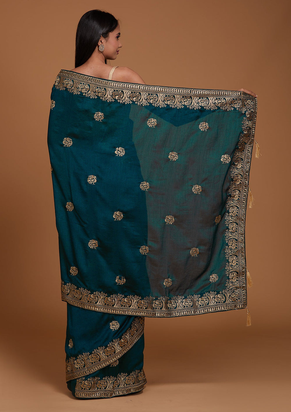 Peacock Blue Zariwork Raw Silk Saree - Koskii