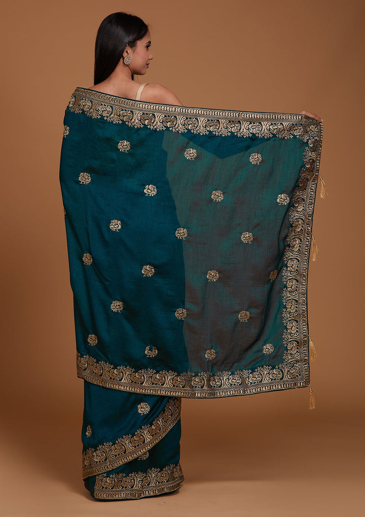 Peacock Blue Zariwork Raw Silk Saree - Koskii
