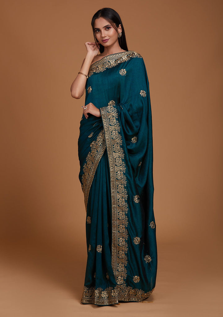 Peacock Blue Zariwork Raw Silk Saree - Koskii