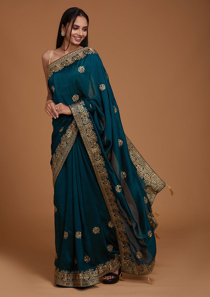 Peacock Blue Zariwork Raw Silk Saree - Koskii