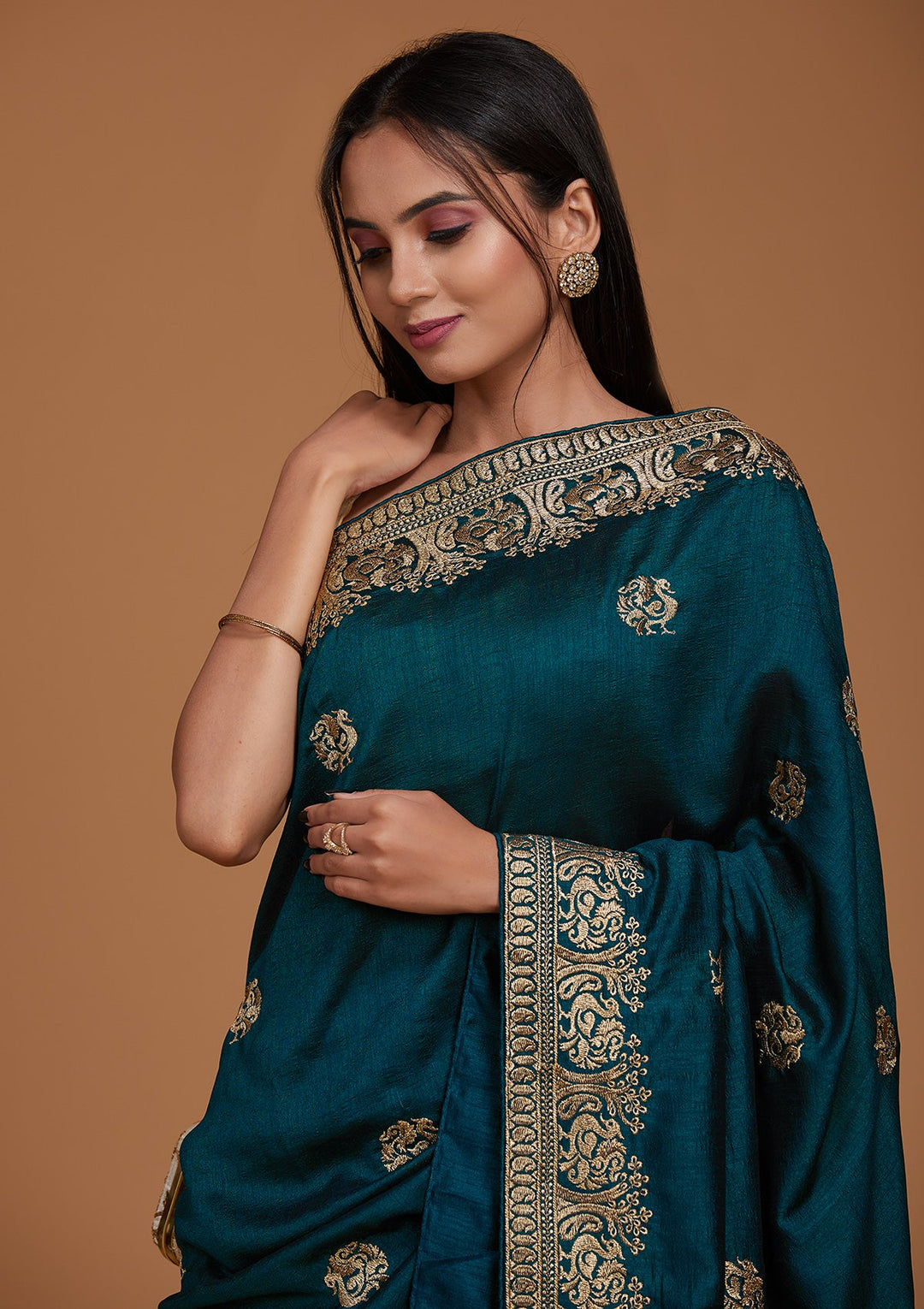 Peacock Blue Zariwork Raw Silk Saree - Koskii