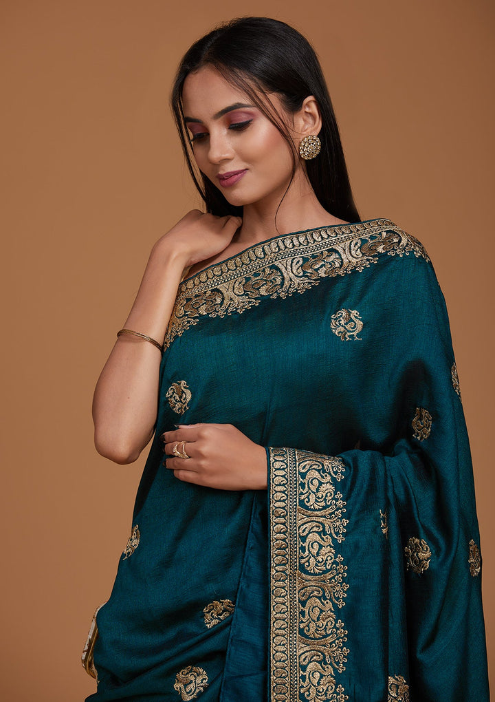Peacock Blue Zariwork Raw Silk Saree - Koskii