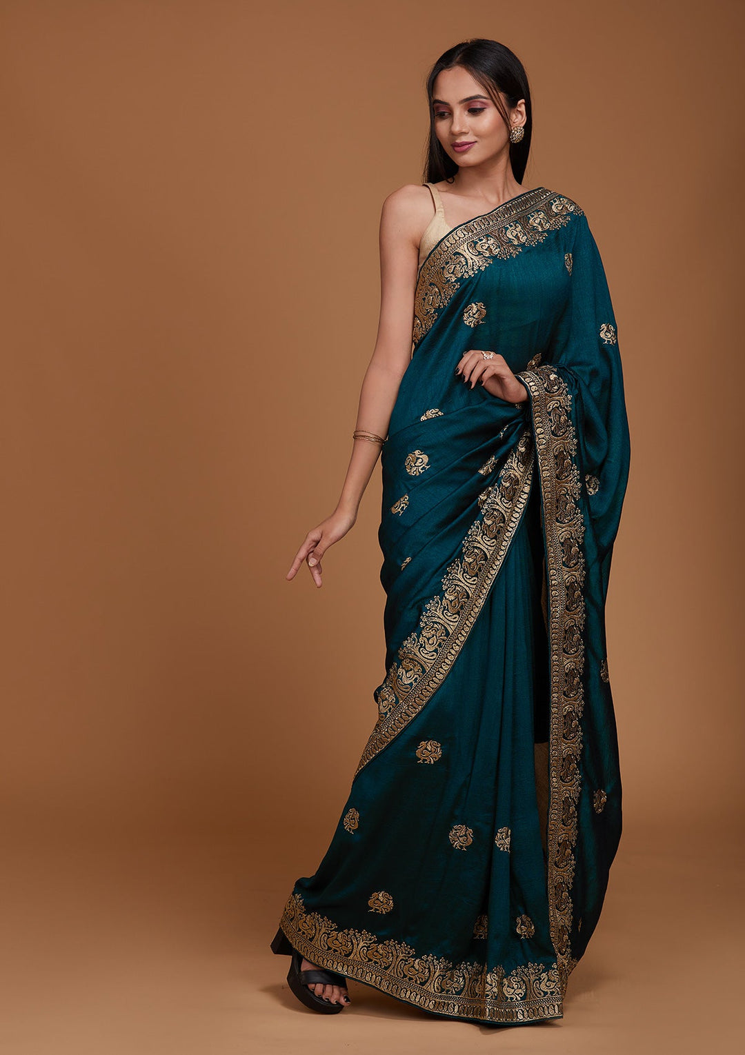 Peacock Blue Zariwork Raw Silk Saree - Koskii
