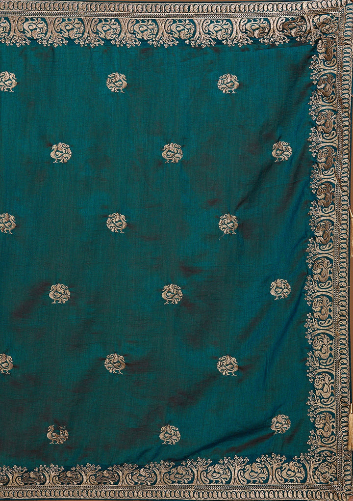 Peacock Blue Zariwork Raw Silk Saree - Koskii