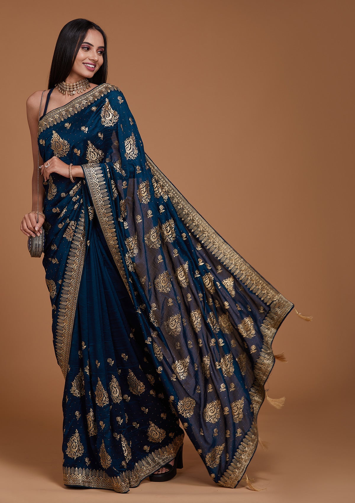 Peacock Blue Zariwork Raw Silk Saree - Koskii