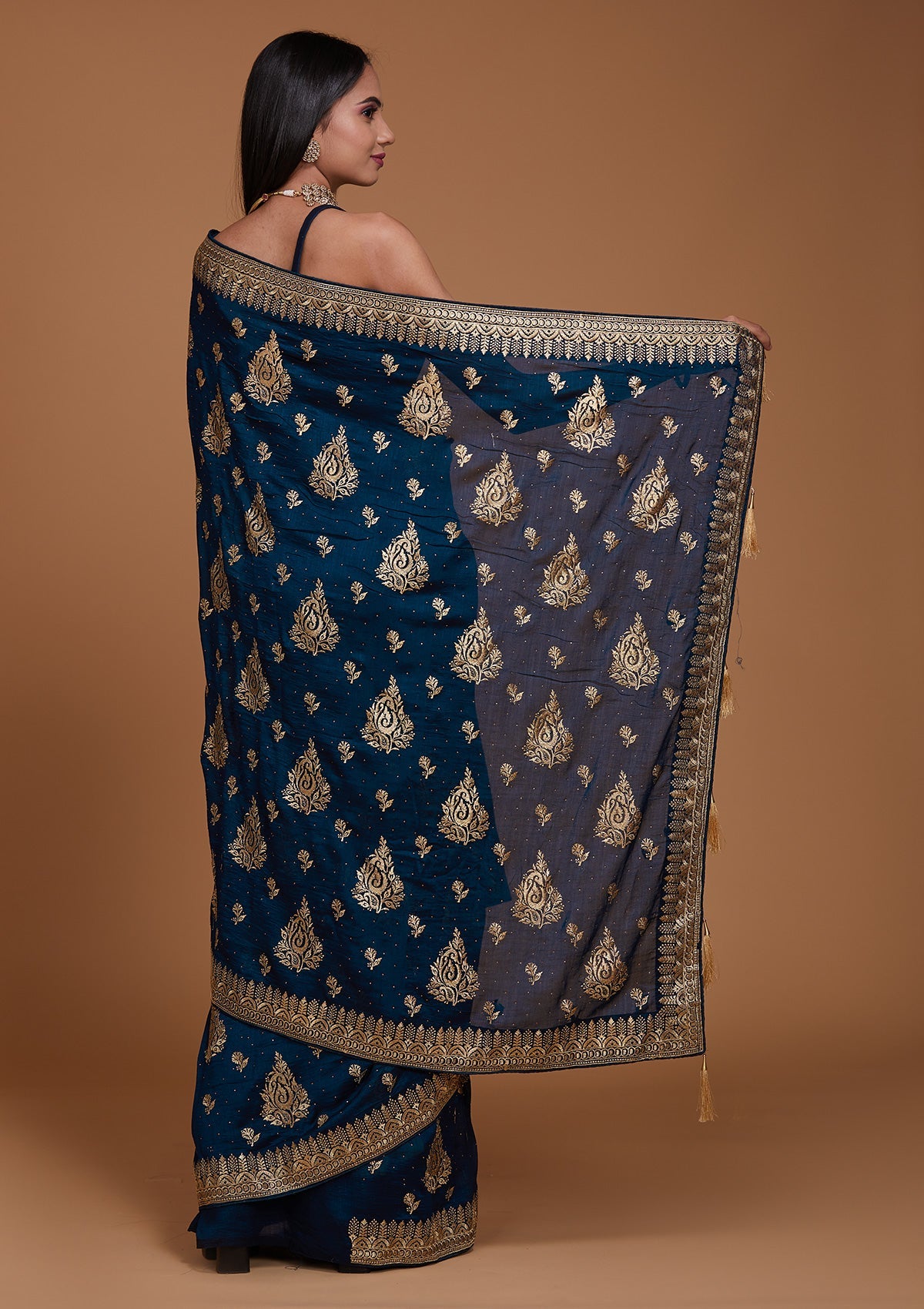Peacock Blue Zariwork Raw Silk Saree - Koskii