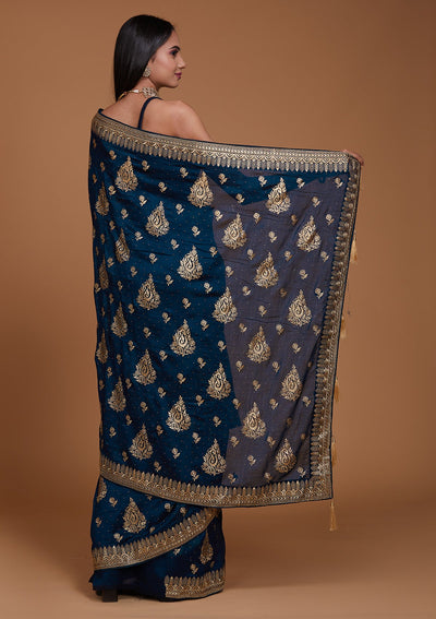 Peacock Blue Zariwork Raw Silk Saree - Koskii