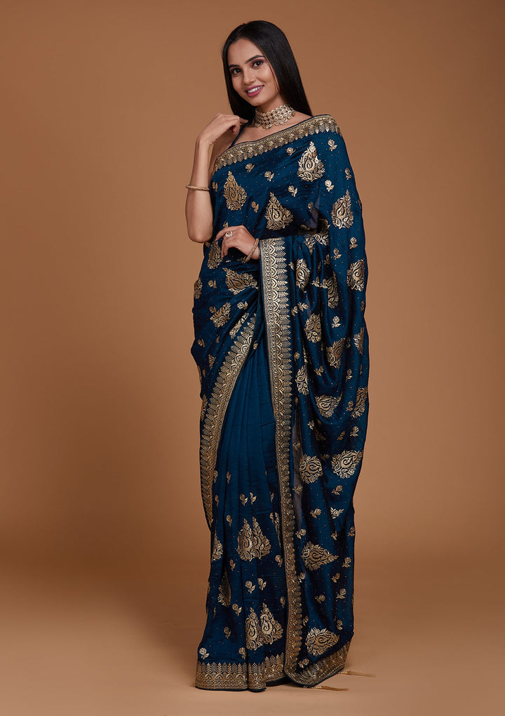 Peacock Blue Zariwork Raw Silk Saree - Koskii