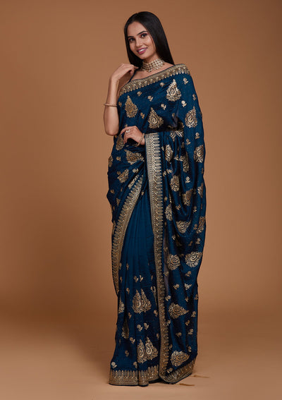 Peacock Blue Zariwork Raw Silk Saree - Koskii