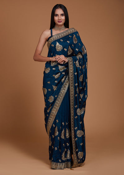 Peacock Blue Zariwork Raw Silk Saree - Koskii