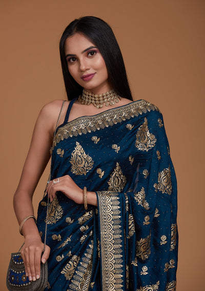 Peacock Blue Zariwork Raw Silk Saree - Koskii
