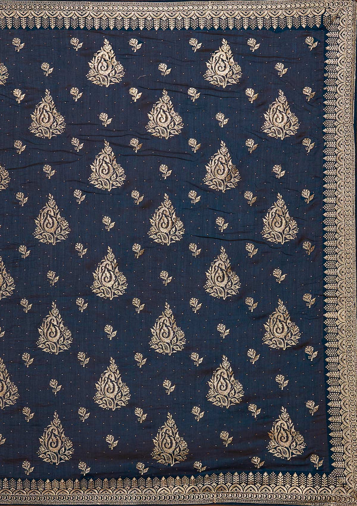 Peacock Blue Zariwork Raw Silk Saree - Koskii