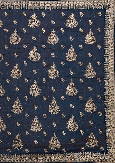 Peacock Blue Zariwork Raw Silk Saree - Koskii