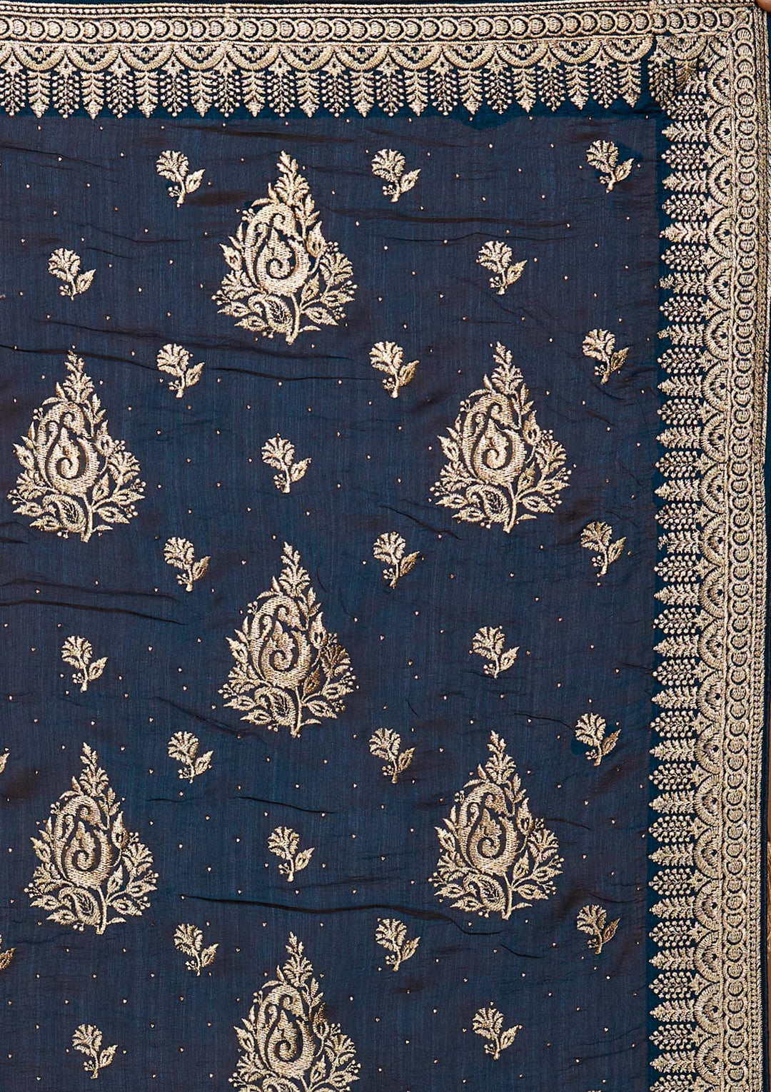 Peacock Blue Zariwork Raw Silk Saree - Koskii