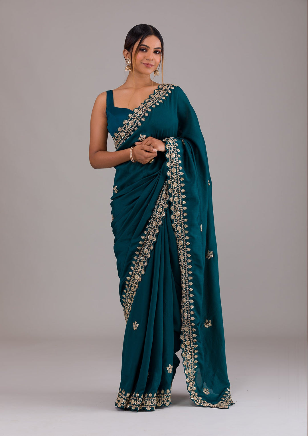 Peacock Blue Zariwork Raw Silk Saree-Koskii
