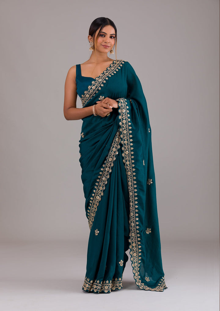Peacock Blue Zariwork Raw Silk Saree-Koskii