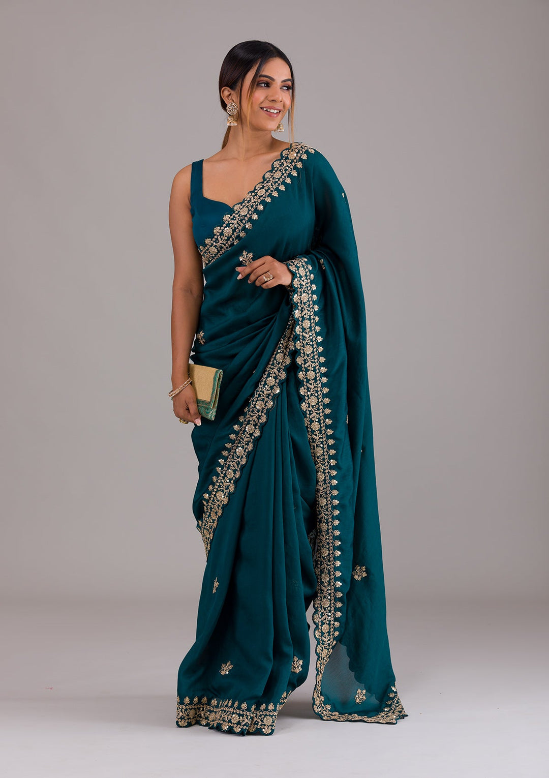 Peacock Blue Zariwork Raw Silk Saree-Koskii