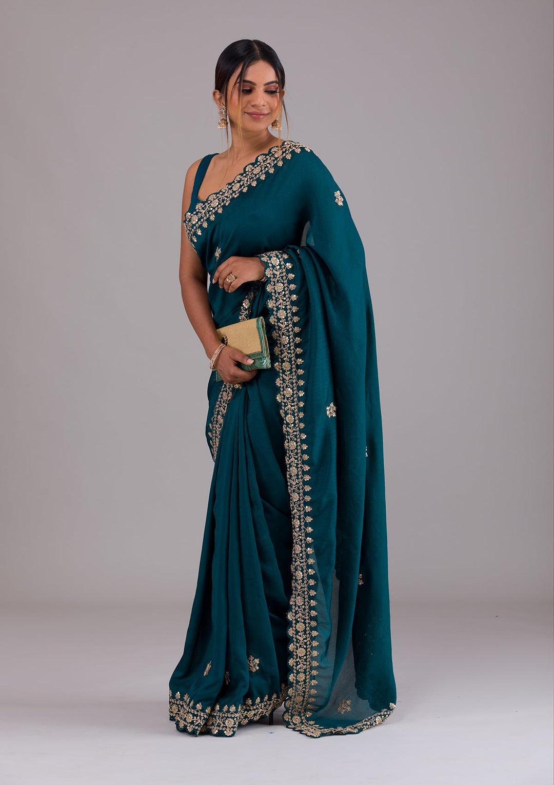 Peacock Blue Zariwork Raw Silk Saree-Koskii