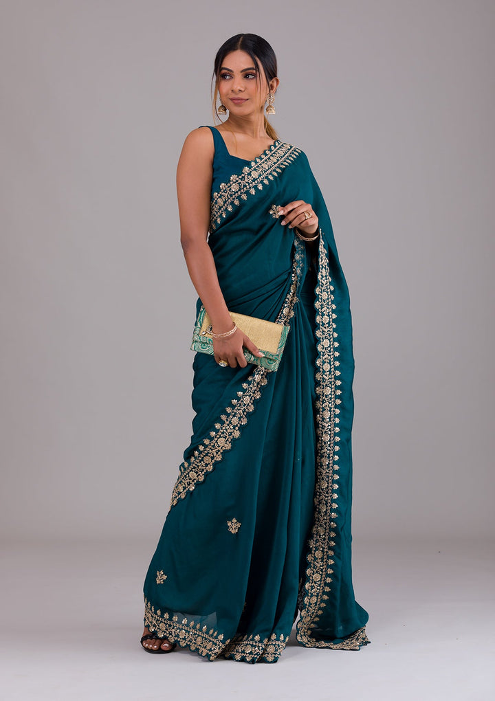 Peacock Blue Zariwork Raw Silk Saree-Koskii