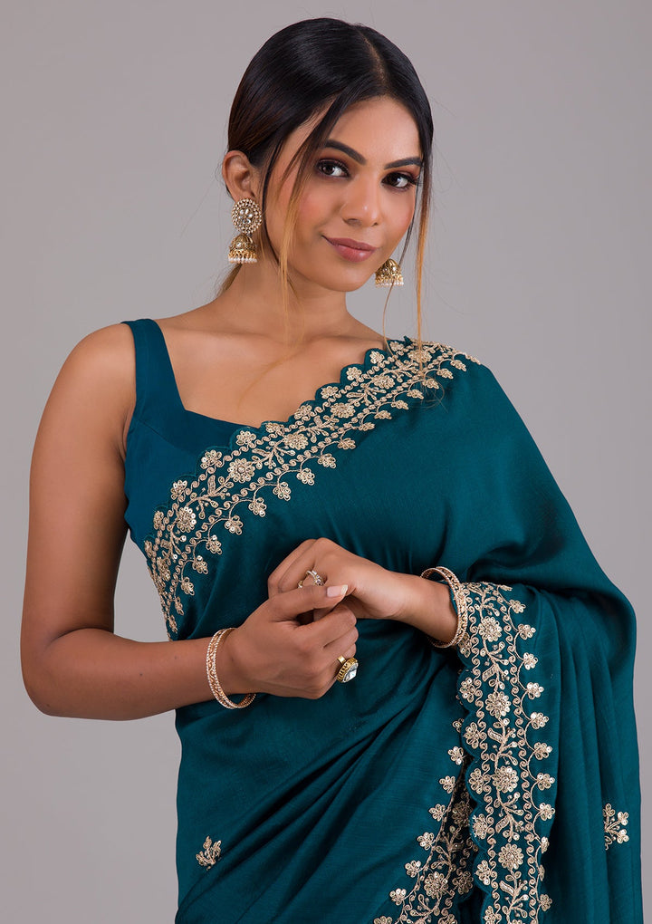 Peacock Blue Zariwork Raw Silk Saree-Koskii