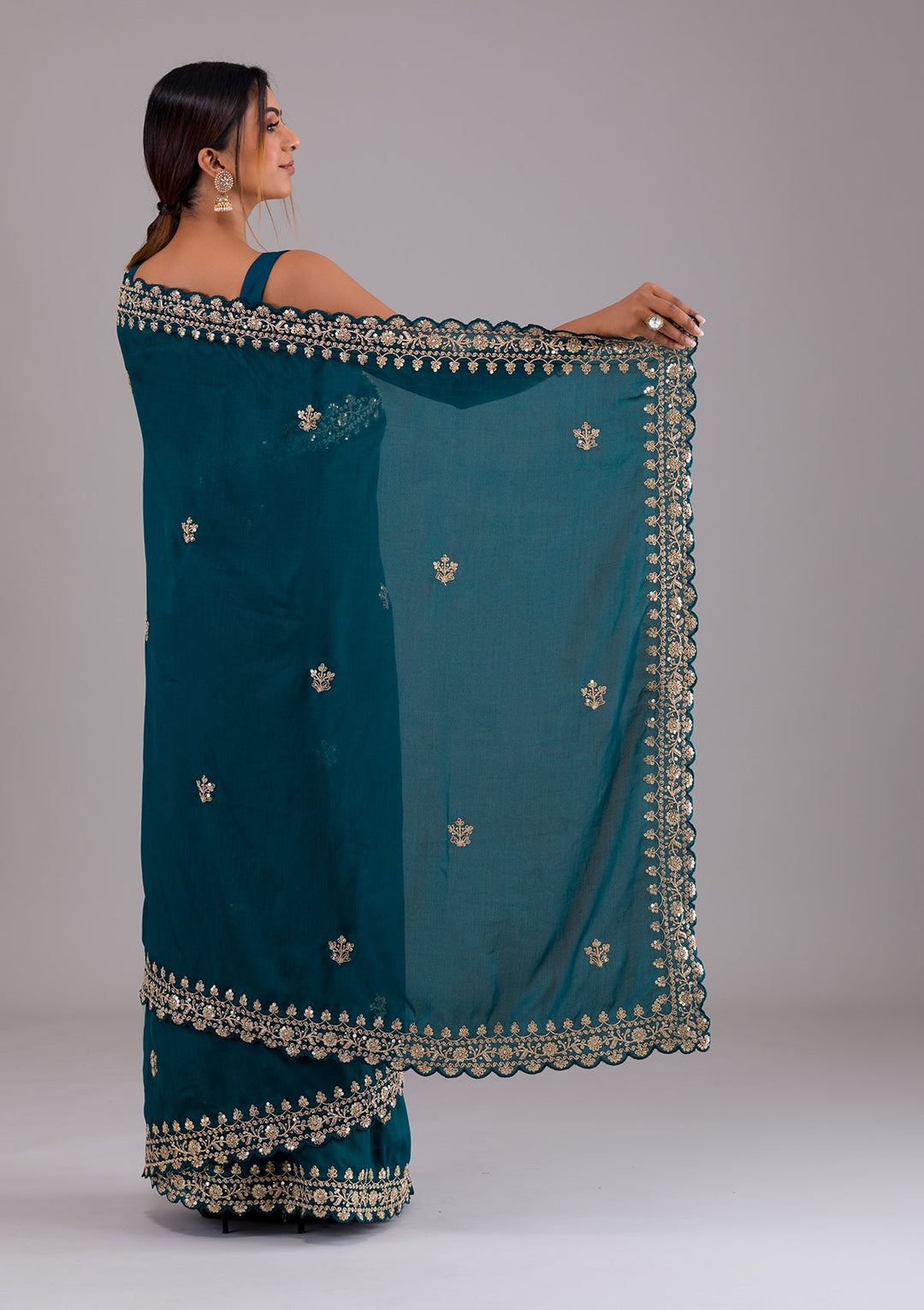 Peacock Blue Zariwork Raw Silk Saree-Koskii