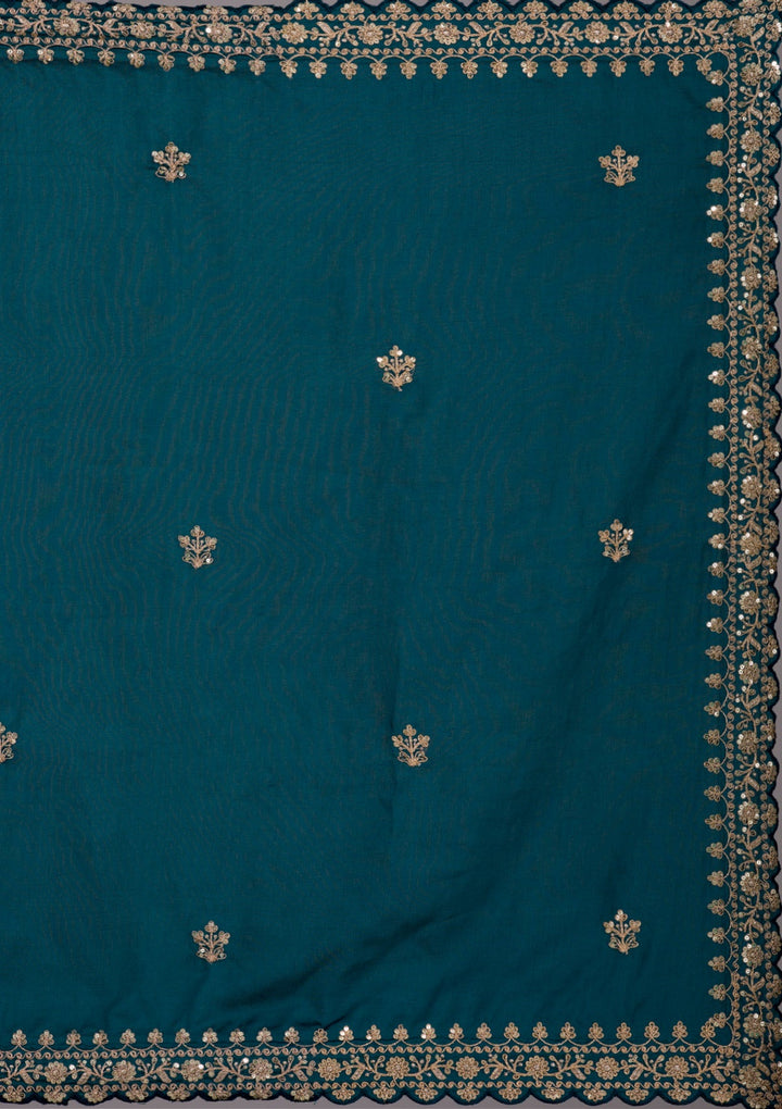 Peacock Blue Zariwork Raw Silk Saree-Koskii