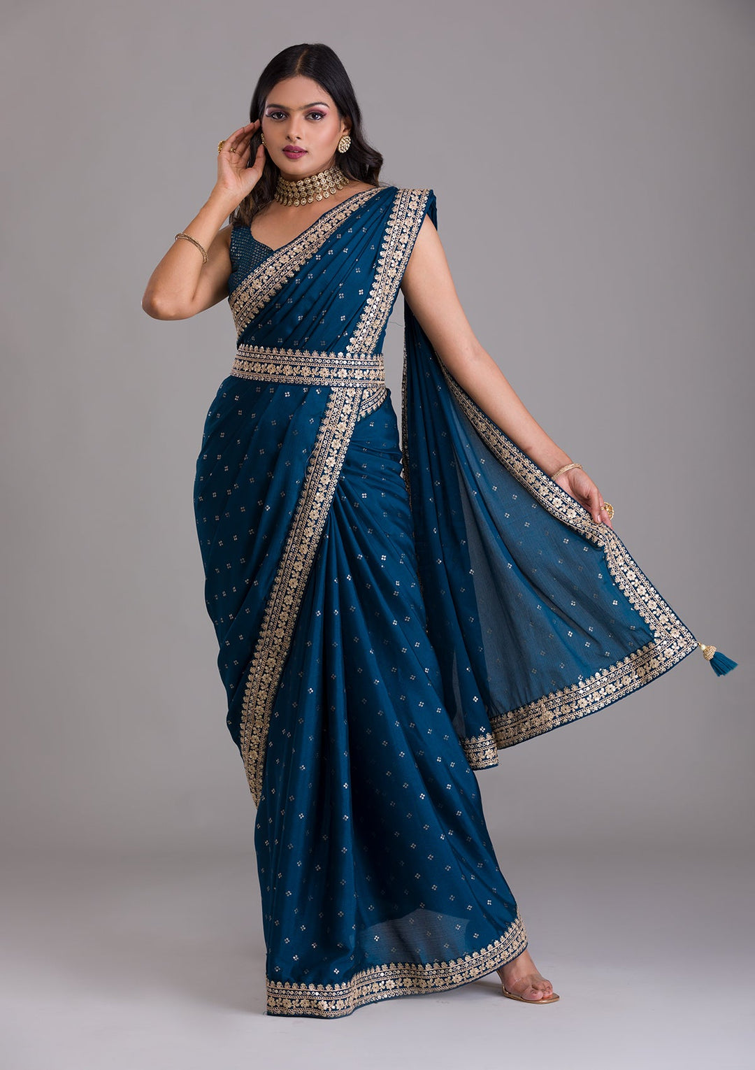 Peacock Blue Zariwork Raw Silk Saree-Koskii