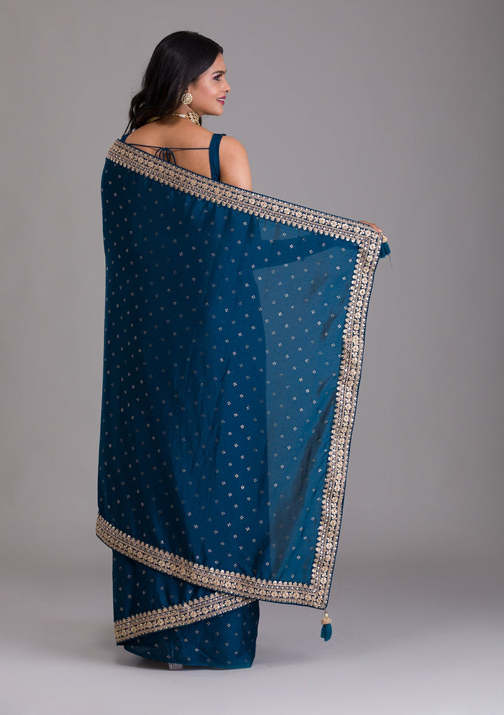 Peacock Blue Zariwork Raw Silk Saree-Koskii