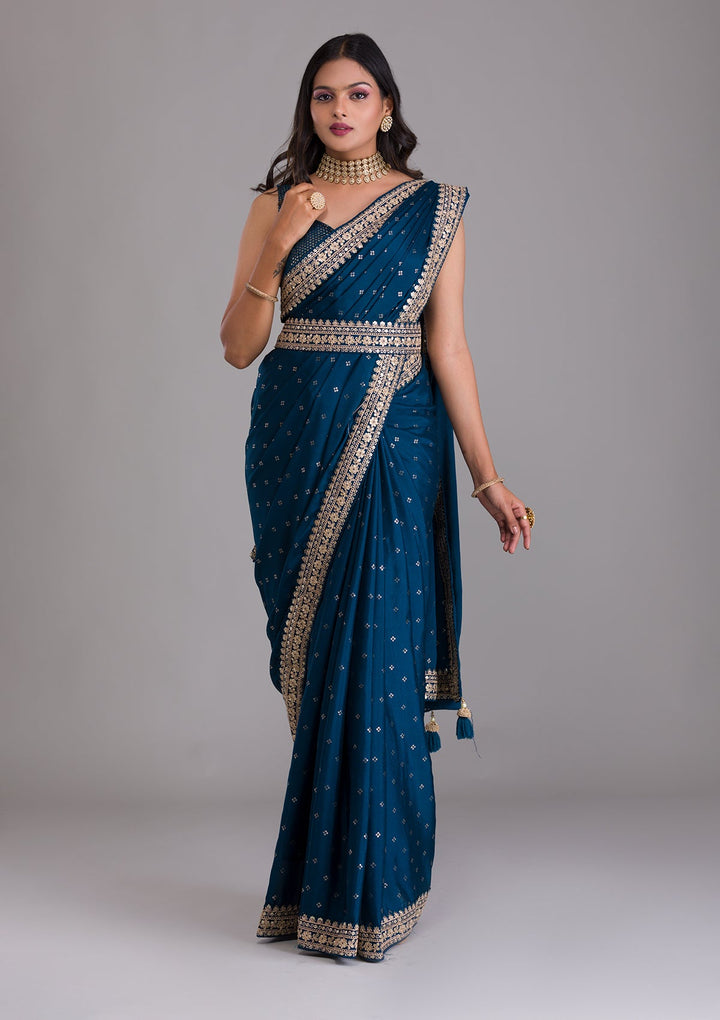 Peacock Blue Zariwork Raw Silk Saree-Koskii