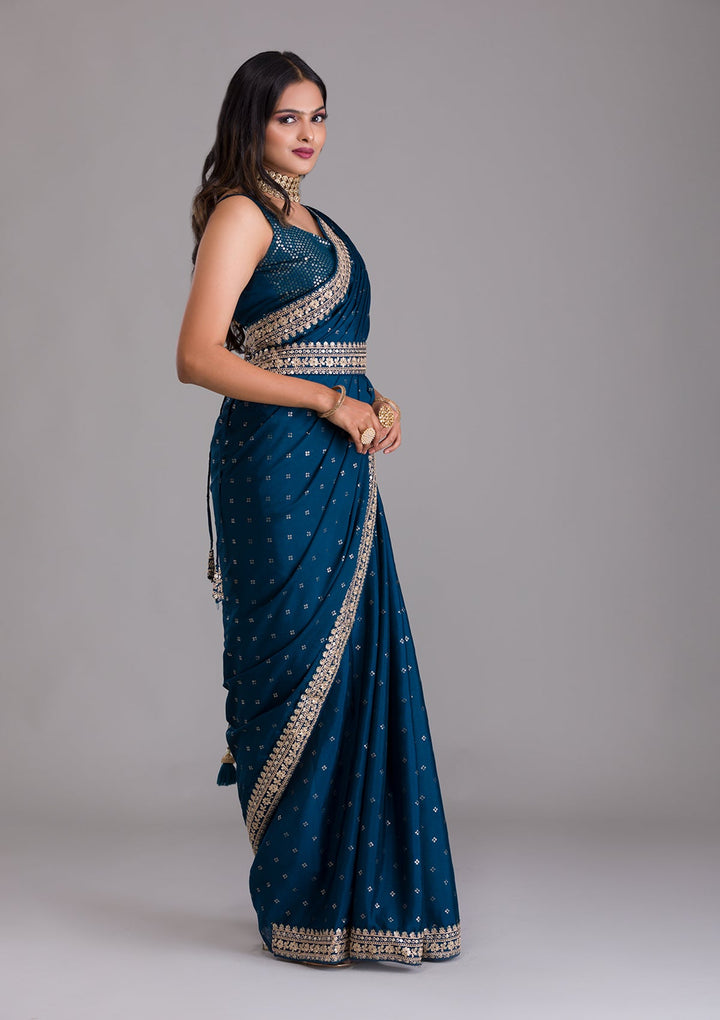 Peacock Blue Zariwork Raw Silk Saree-Koskii