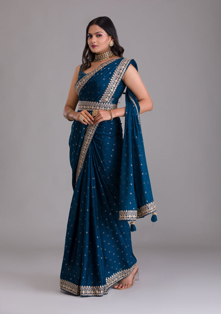 Peacock Blue Zariwork Raw Silk Saree-Koskii