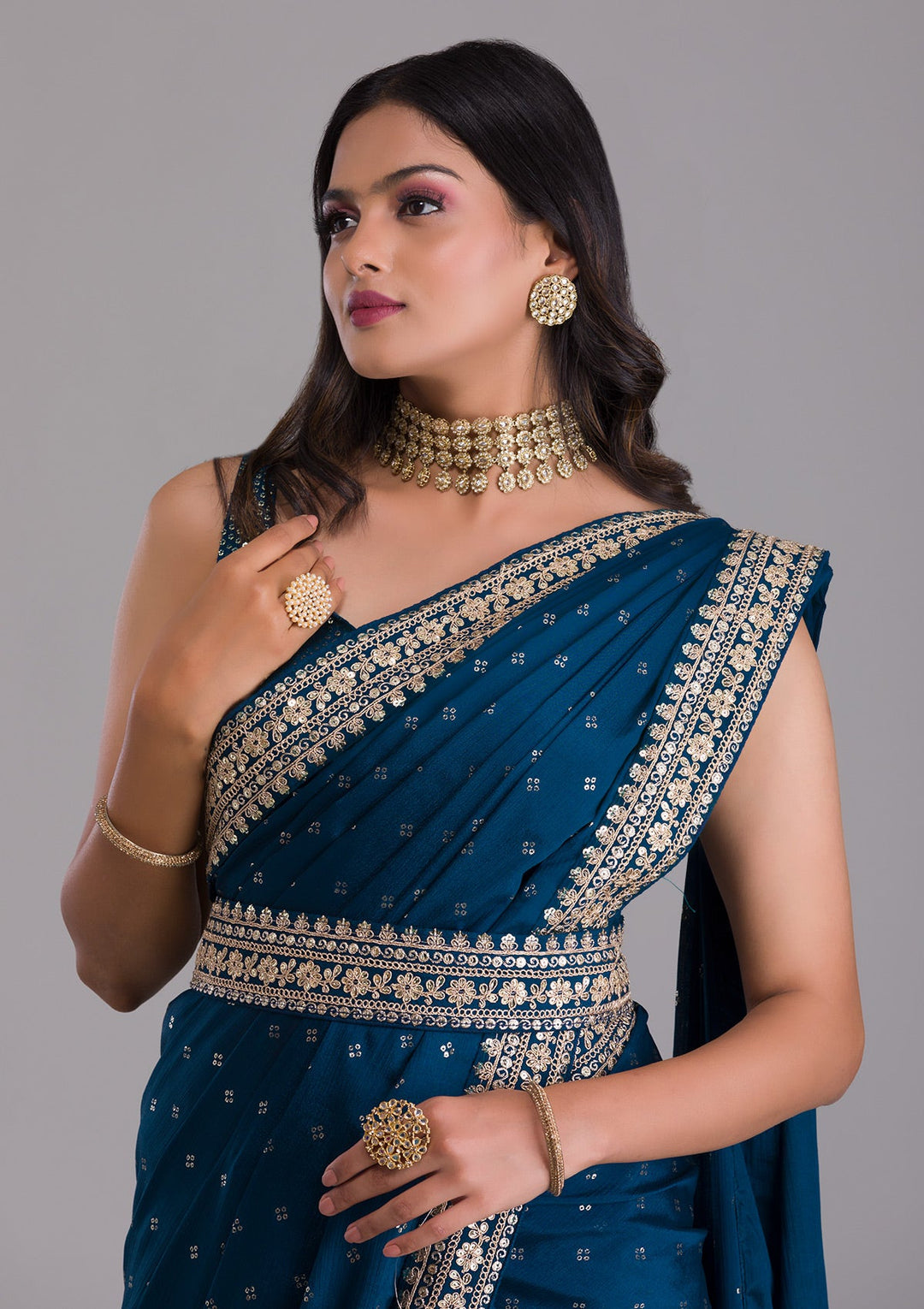 Peacock Blue Zariwork Raw Silk Saree-Koskii