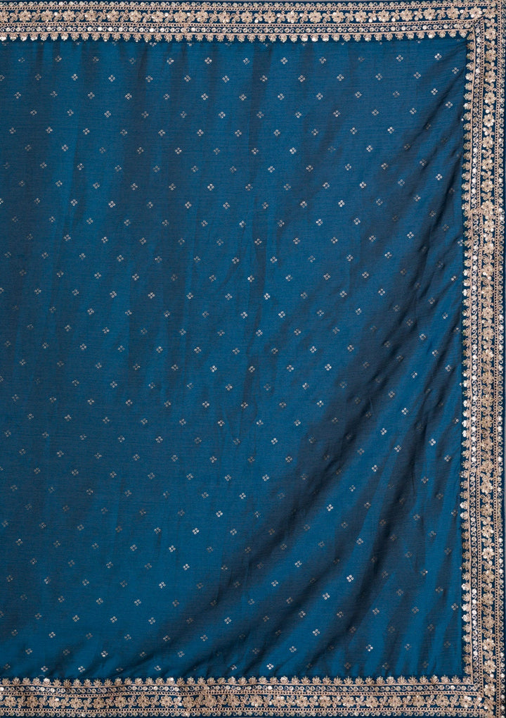 Peacock Blue Zariwork Raw Silk Saree-Koskii
