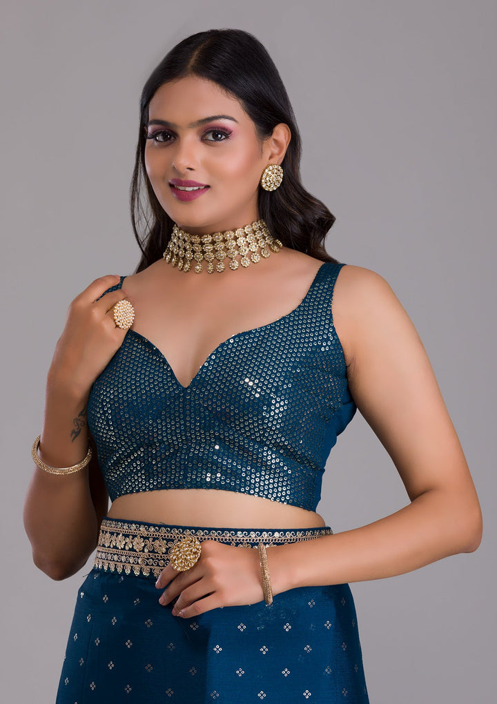 Peacock Blue Zariwork Raw Silk Saree-Koskii