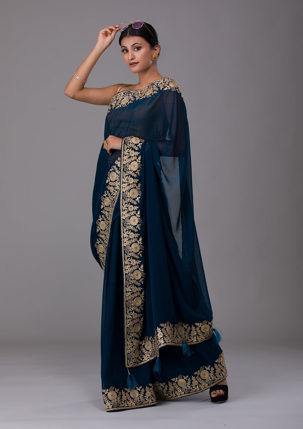 Peacock Blue Zariwork Raw Silk Saree-Koskii