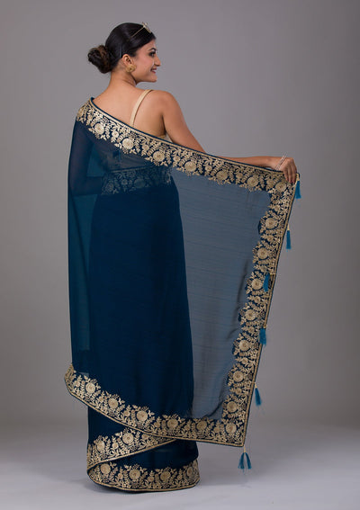 Peacock Blue Zariwork Raw Silk Saree-Koskii