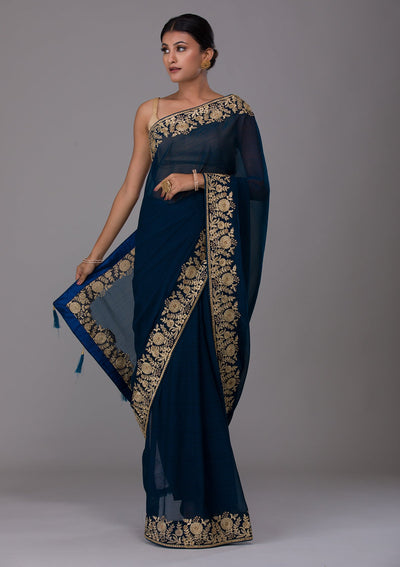 Peacock Blue Zariwork Raw Silk Saree-Koskii