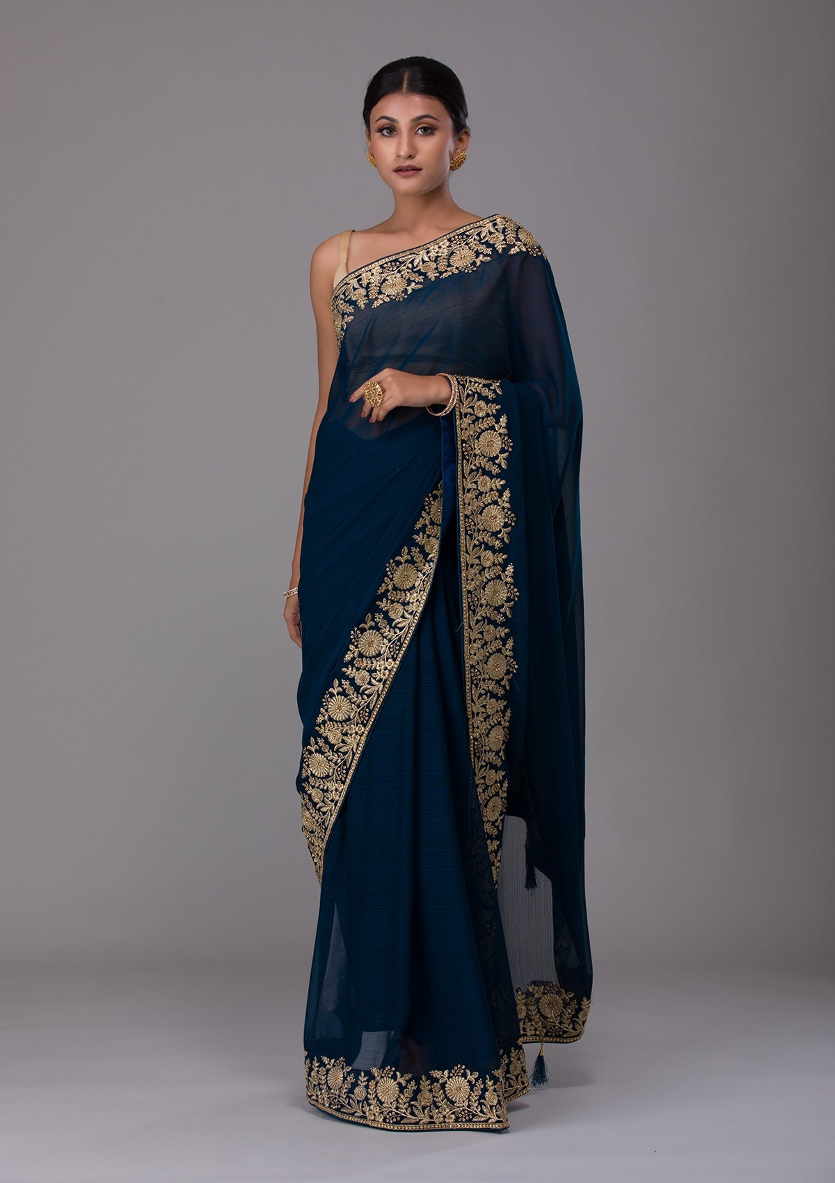 Peacock Blue Zariwork Raw Silk Saree-Koskii