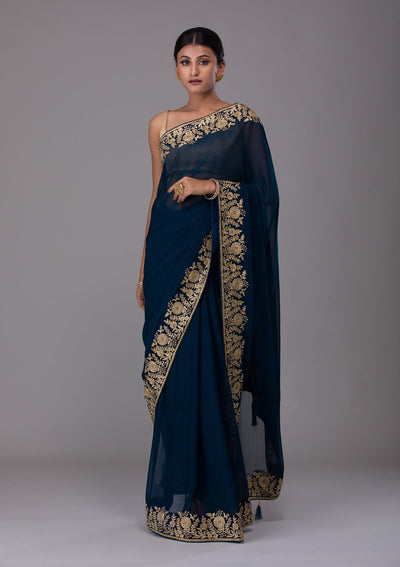 Peacock Blue Zariwork Raw Silk Saree-Koskii