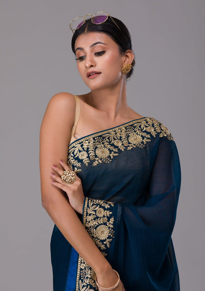 Peacock Blue Zariwork Raw Silk Saree-Koskii