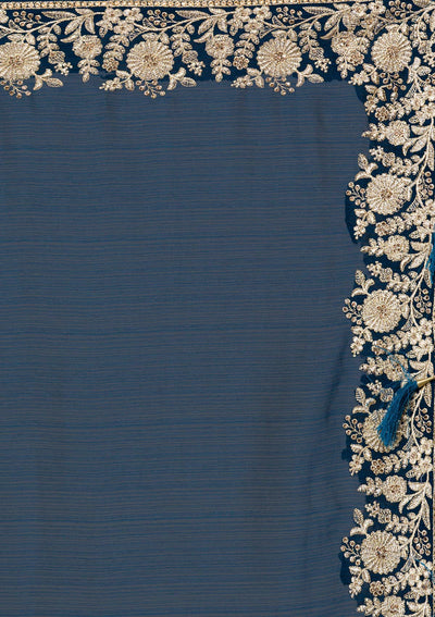 Peacock Blue Zariwork Raw Silk Saree-Koskii