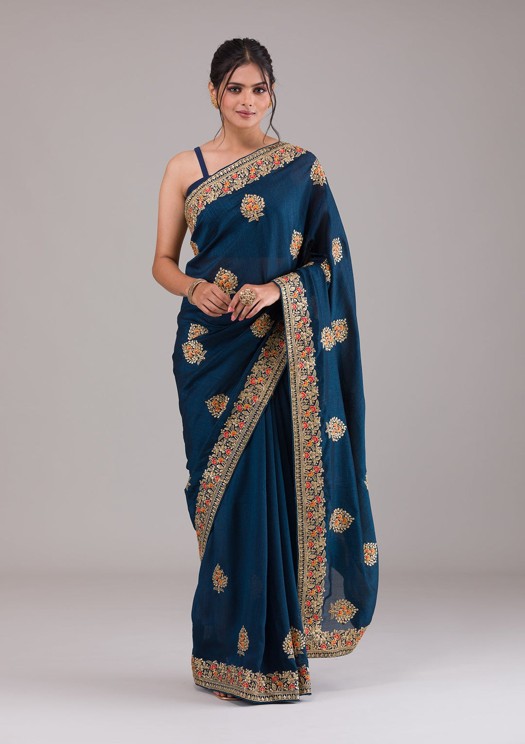 Peacock Blue Zariwork Raw Silk Saree-Koskii