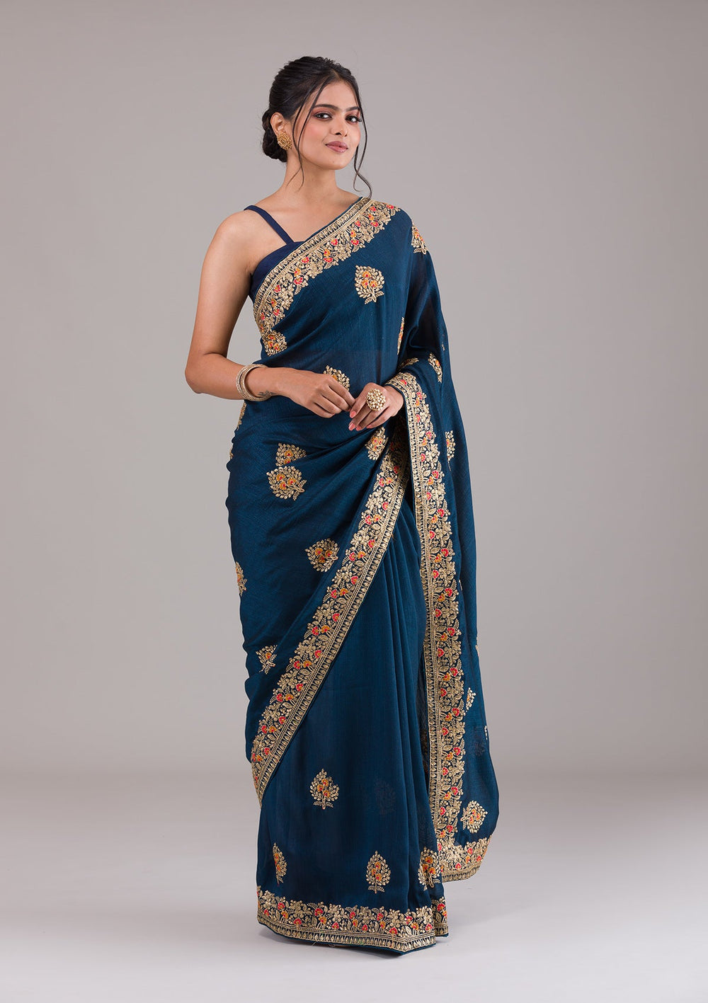 Peacock Blue Zariwork Raw Silk Saree-Koskii