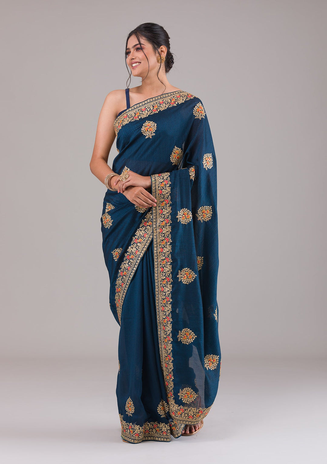 Peacock Blue Zariwork Raw Silk Saree-Koskii