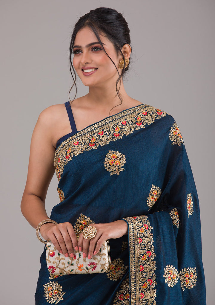 Peacock Blue Zariwork Raw Silk Saree-Koskii
