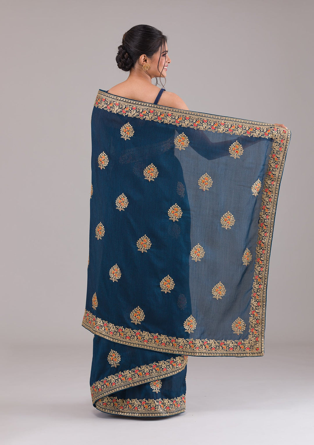 Peacock Blue Zariwork Raw Silk Saree-Koskii