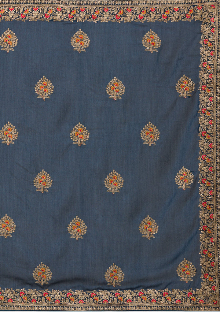 Peacock Blue Zariwork Raw Silk Saree-Koskii