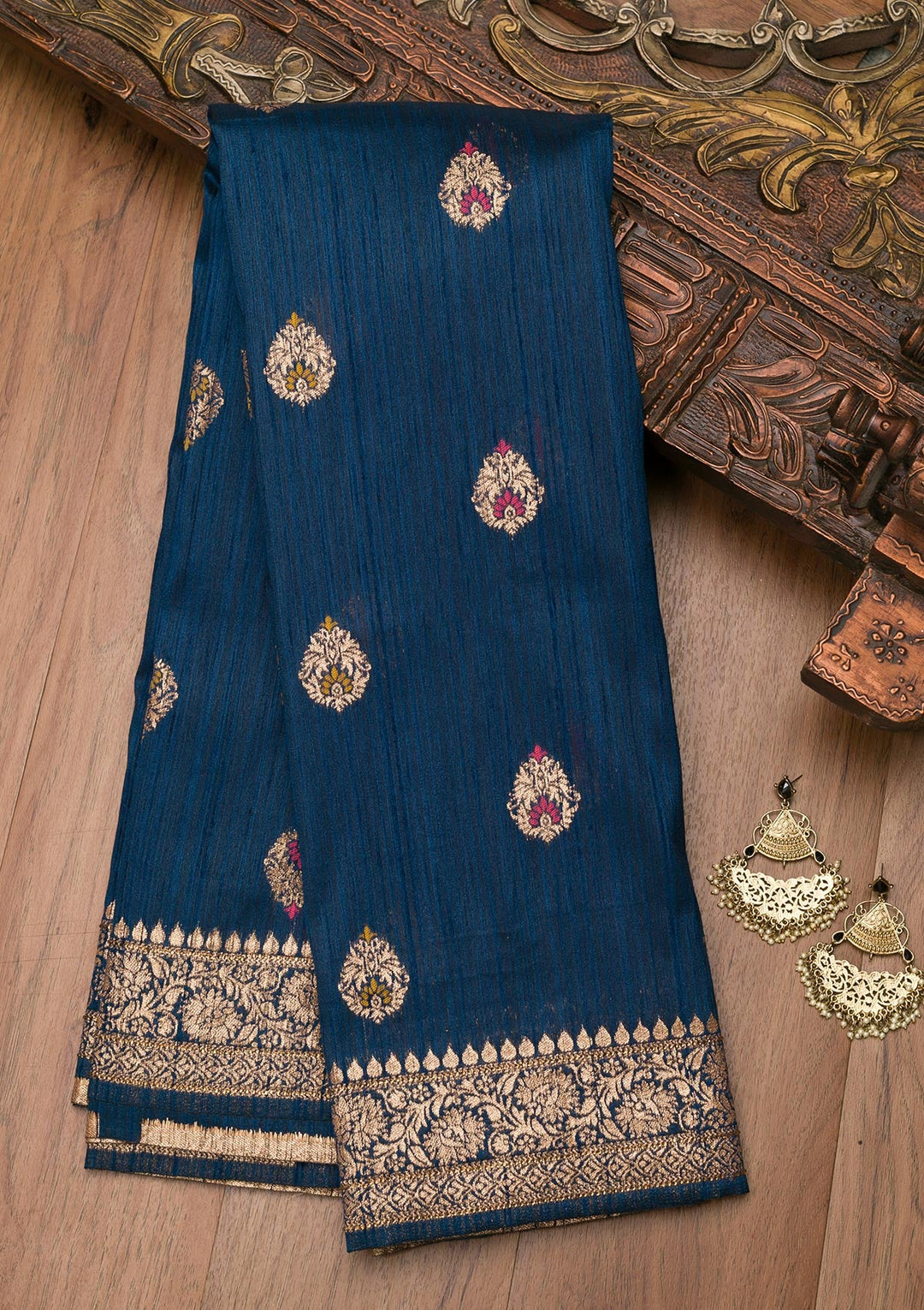 Peacock Blue Zariwork Raw Silk Saree-Koskii